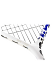 Close-up of a Tecnifibre Carboflex X-Top squash racket showing the throat area with black strings and white and blue frame, labeled 