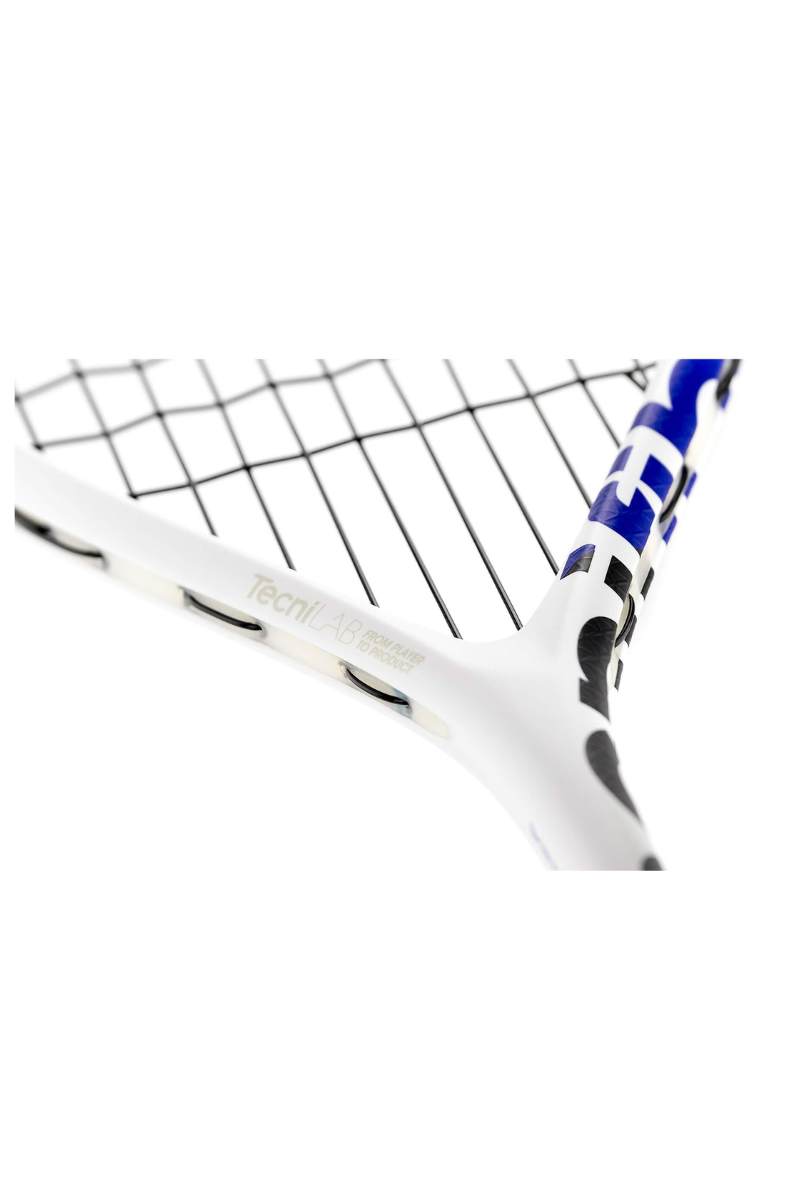 Close-up of a Tecnifibre Carboflex X-Top squash racket showing the throat area with black strings and white and blue frame, labeled 