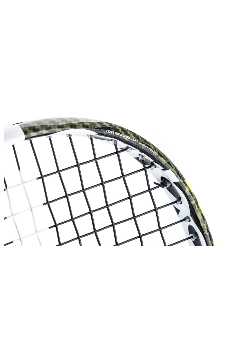 Close-up of a Tecnifibre Carboflex squash racket head showing black strings and a carbon fiber frame with the text 