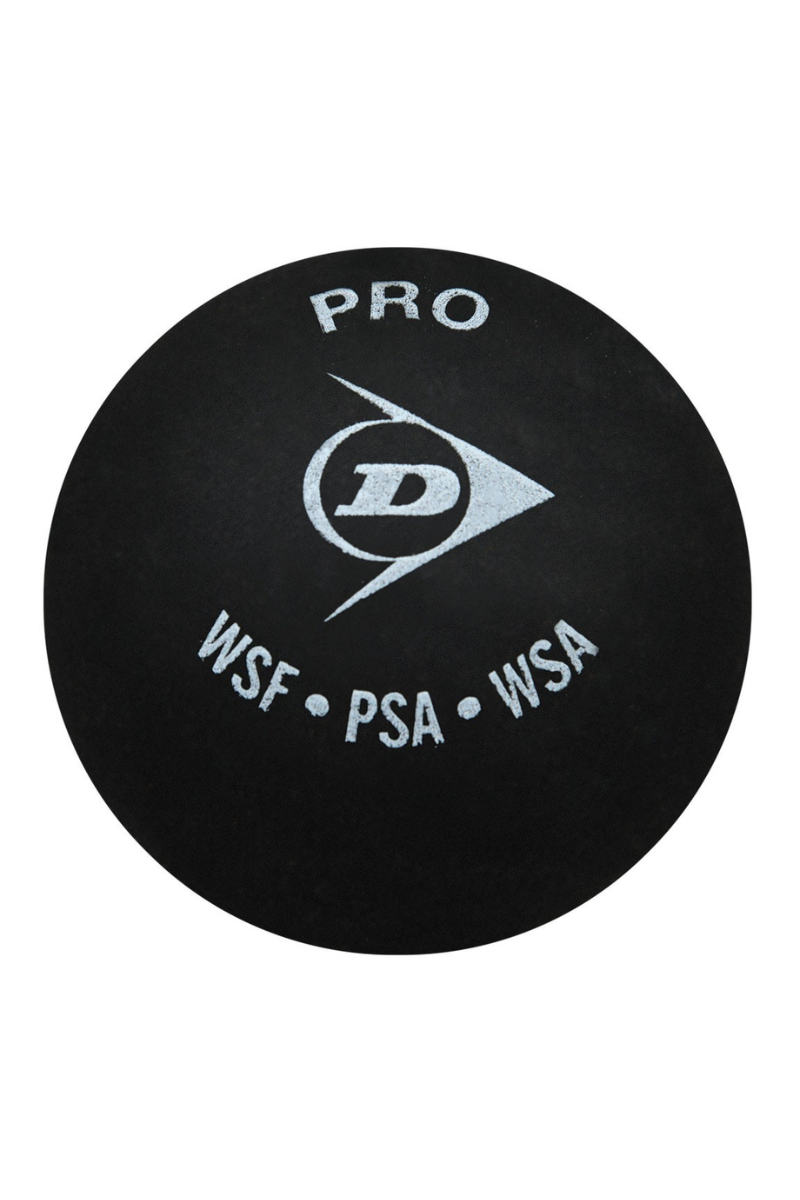 Close-up of Dunlop Pro squash ball with white text.