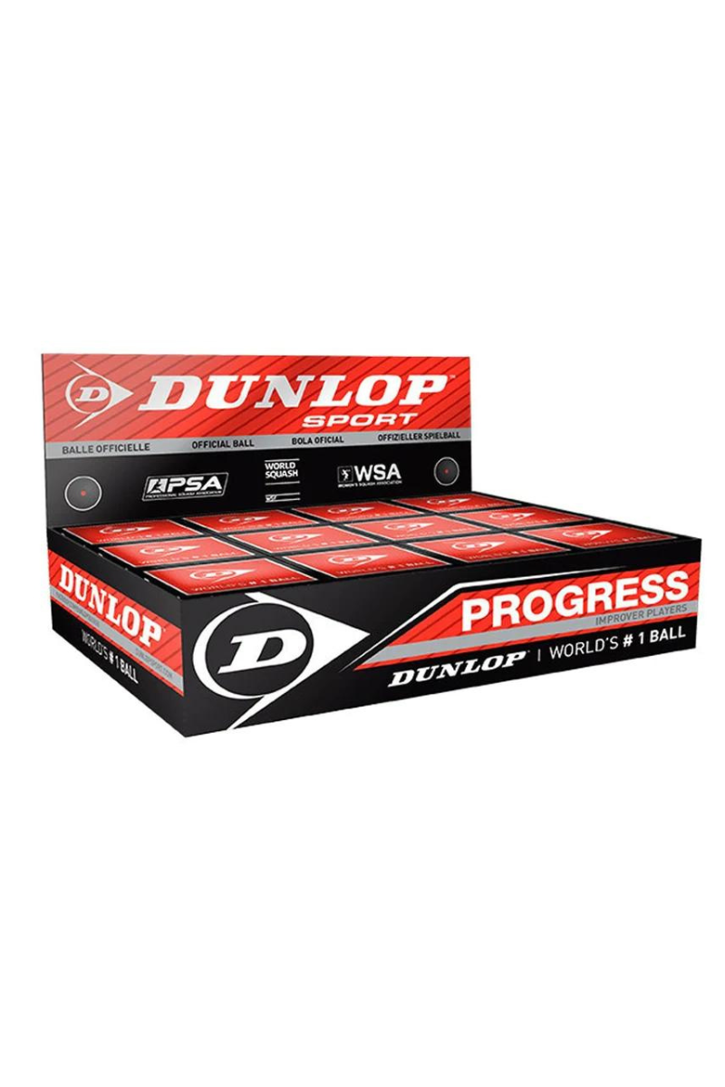 Box of Dunlop Progress squash balls with red and black packaging.