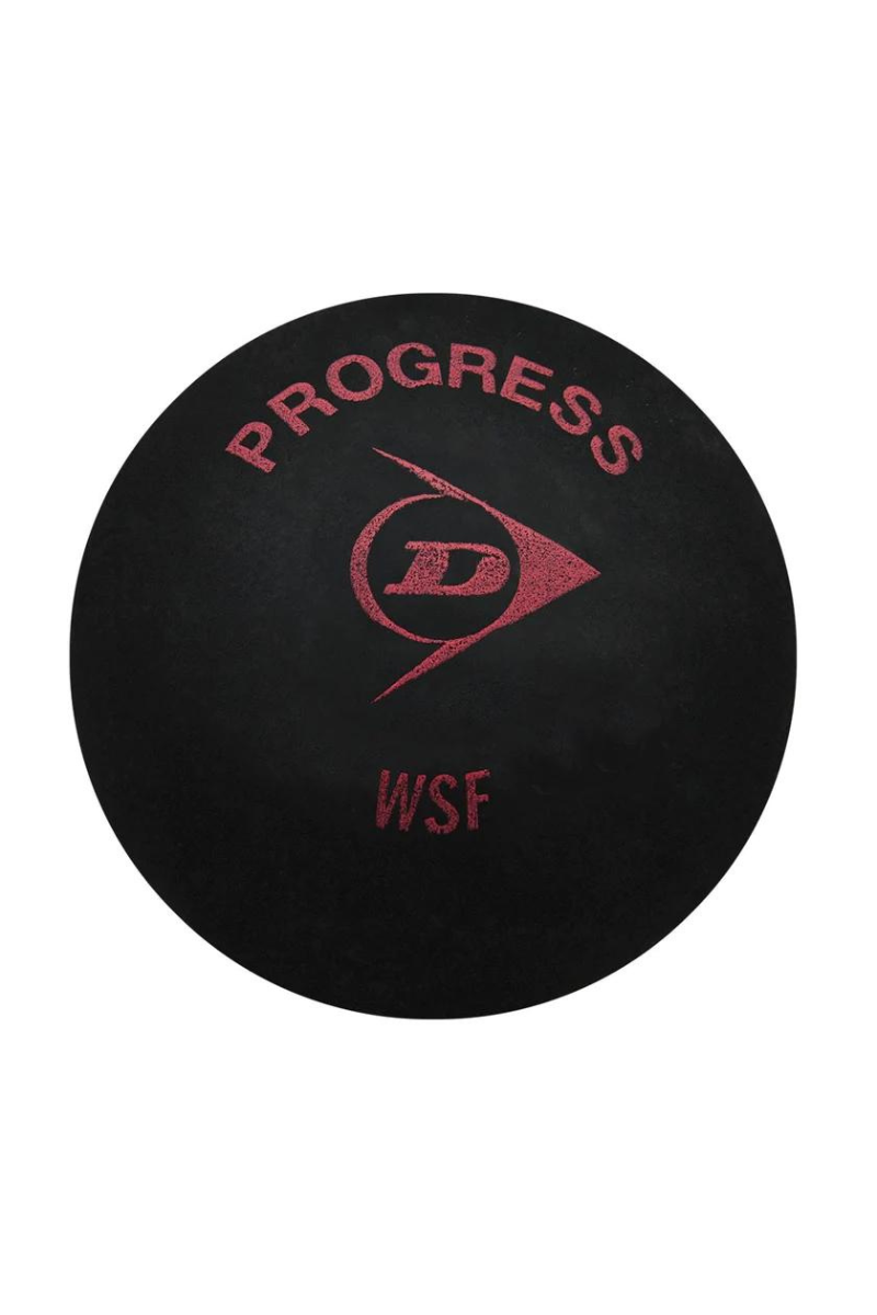 Single Dunlop Progress squash ball with 'Progress WSF' printed in red on the black ball.