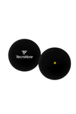 Two black Tecnifibre squash balls, one with the Tecnifibre logo and the other showing a yellow dot, indicating its bounce level