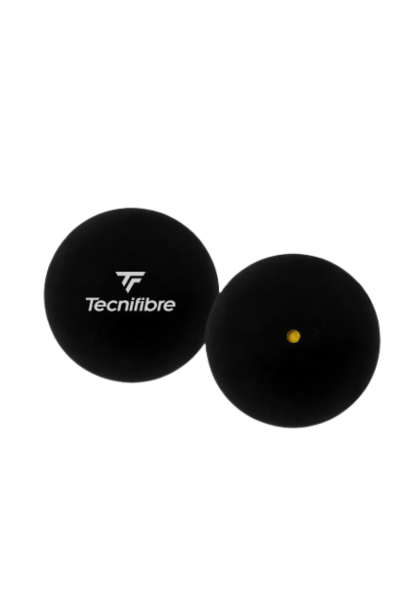 Two black Tecnifibre squash balls, one with the Tecnifibre logo and the other showing a yellow dot, indicating its bounce level