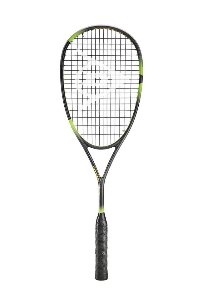 Front view of the Dunlop Sonic Core Elite 135 squash racket, featuring a black frame with green accents and a black grip.