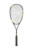 Front view of the Dunlop Sonic Core Elite 135 squash racket, featuring a black frame with green accents and a black grip.