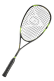 Angled view of the Dunlop Sonic Core Elite 135 squash racket, showcasing its teardrop-shaped head and green highlights on the frame