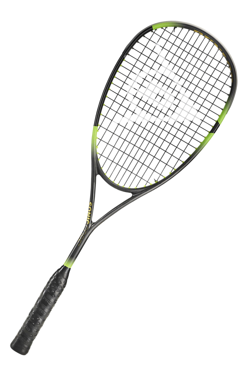 Angled view of the Dunlop Sonic Core Elite 135 squash racket, showcasing its teardrop-shaped head and green highlights on the frame