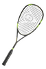 Angled view of the Dunlop Sonic Core Elite 135 squash racket, showcasing its teardrop-shaped head and green highlights on the frame