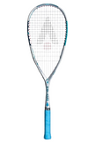 Front view of the Karakal X-Slam squash racket with a light blue grip and a silver frame