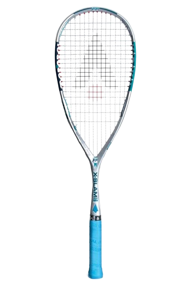 Front view of the Karakal X-Slam squash racket with a light blue grip and a silver frame