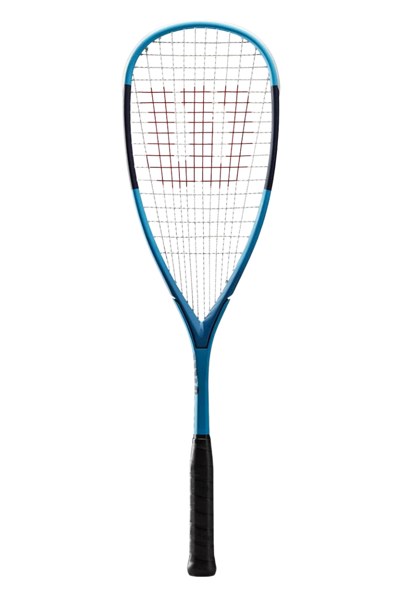 Wilson Ultra Triad squash racket with a blue frame, black grip, white strings, and a red logo on the string bed.