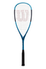 Wilson Ultra Triad squash racket with a blue frame, black grip, white strings, and a red logo on the string bed.