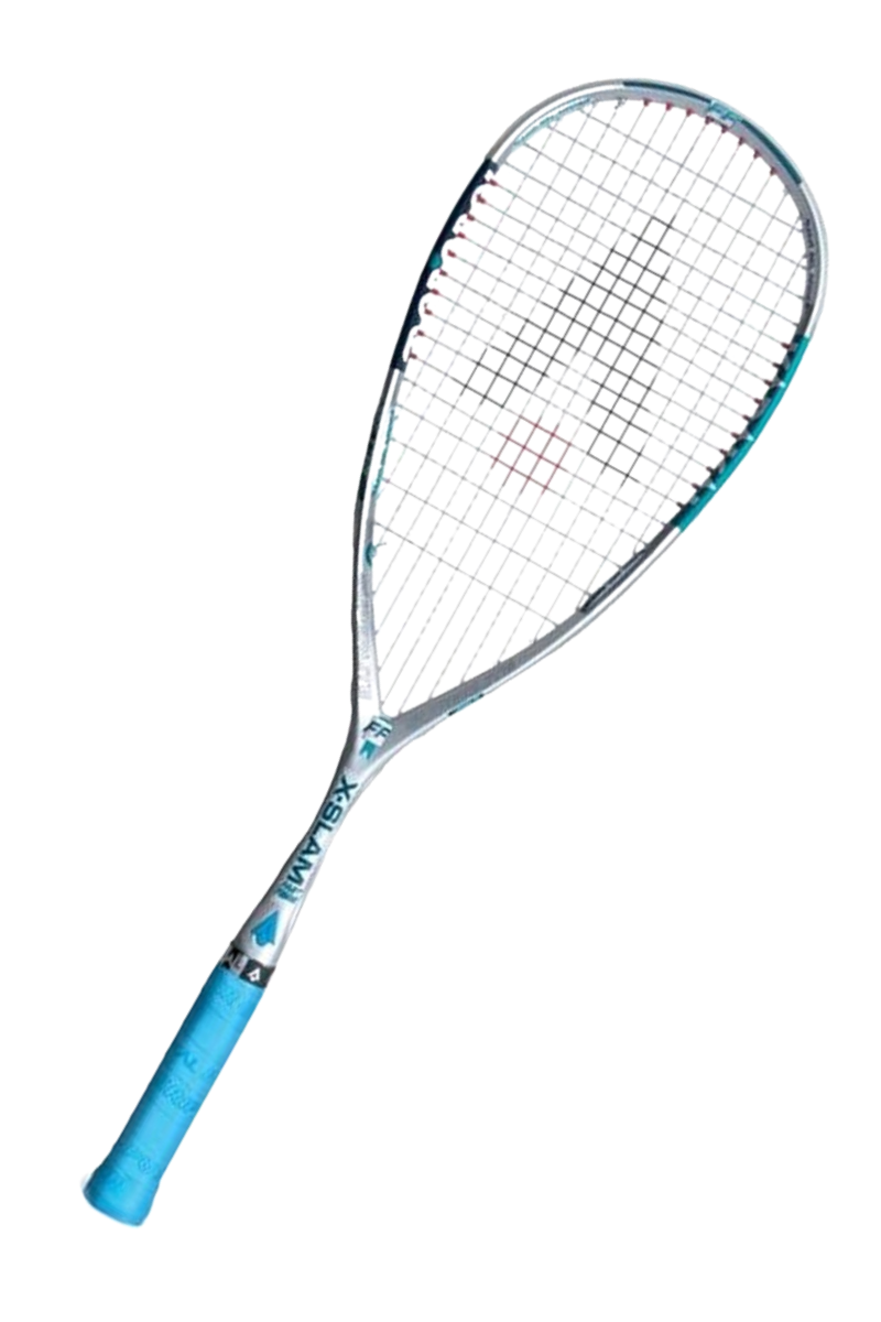 Angled view of the Karakal X-Slam squash racket, highlighting the light blue grip and silver frame.