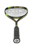 Close-up of the Dunlop Sonic Core Elite 135 squash racket's head, focusing on the string pattern and green accent on the frame.