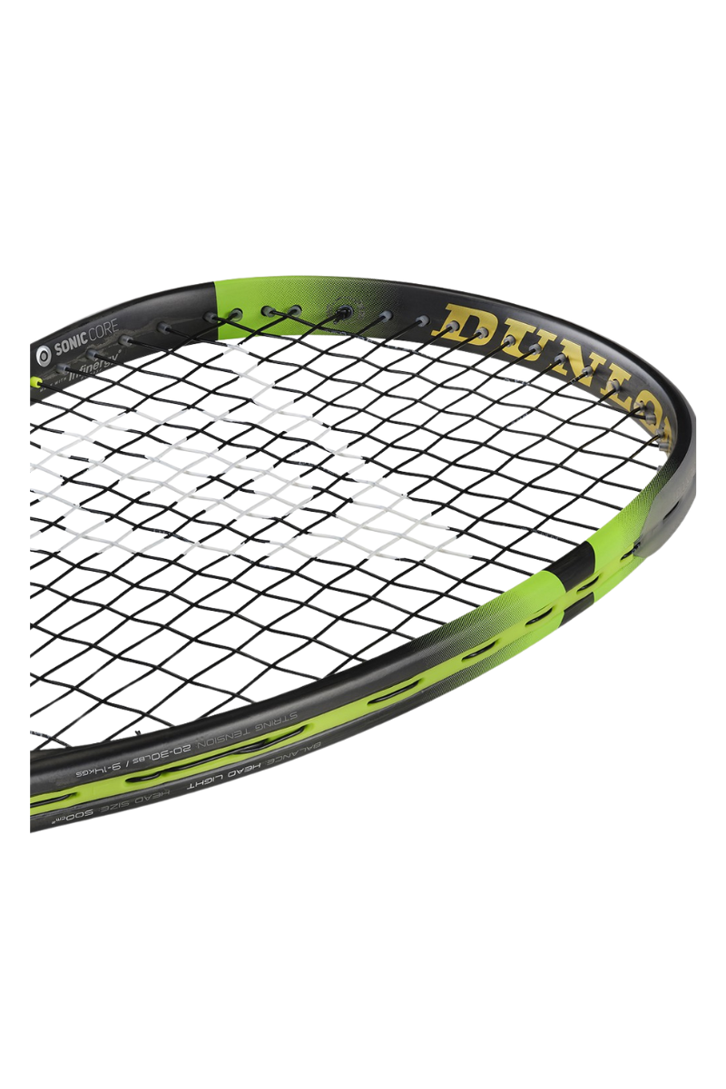 Perspective view of the Dunlop Sonic Core Elite 135 squash racket, showing the black grip and green accentuated frame.