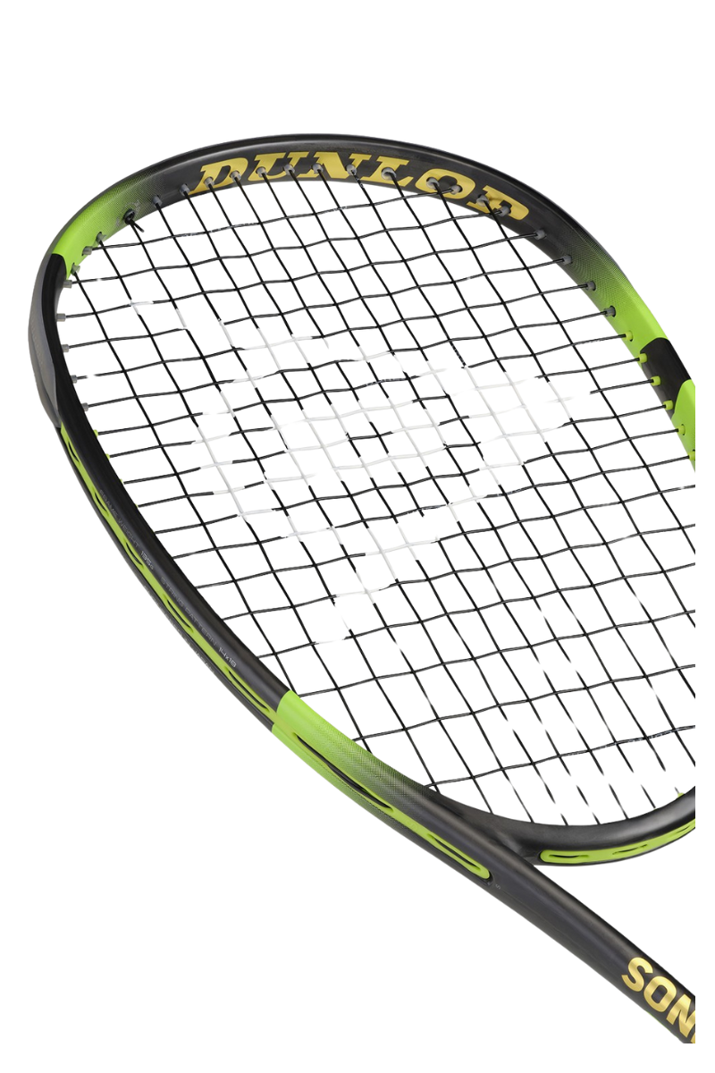 Detailed shot of the Dunlop Sonic Core Elite 135 squash racket’s frame, emphasizing the green Sonic Core branding and the Dunlop logo on the strings.