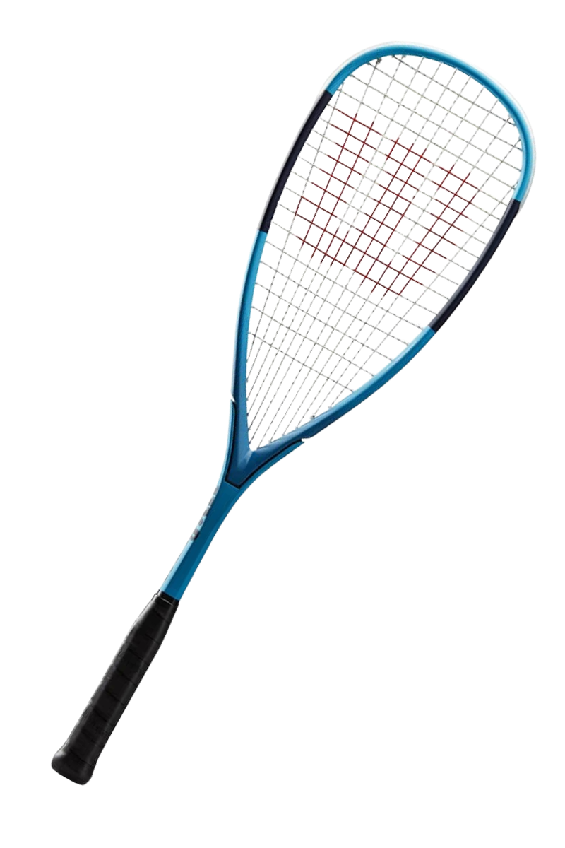 Wilson Ultra Triad squash racket with a blue frame, black grip, white strings, and a red logo on the string bed.