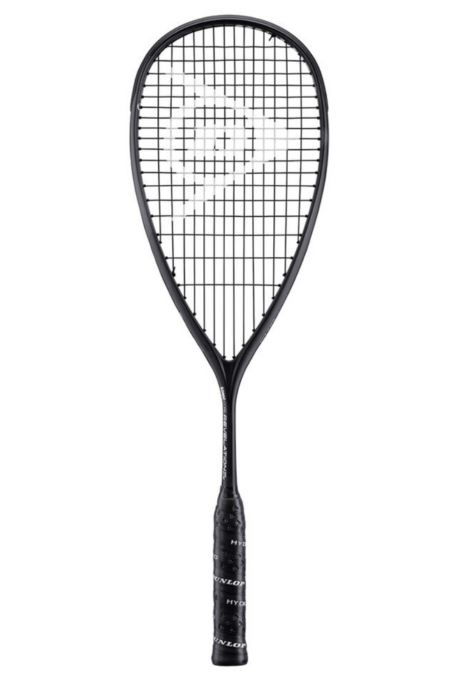 Dunlop Sonic Core Revelation 125 squash racket with the Dunlop logo in white on the strings, featuring a streamlined head and an ergonomic grip handle.