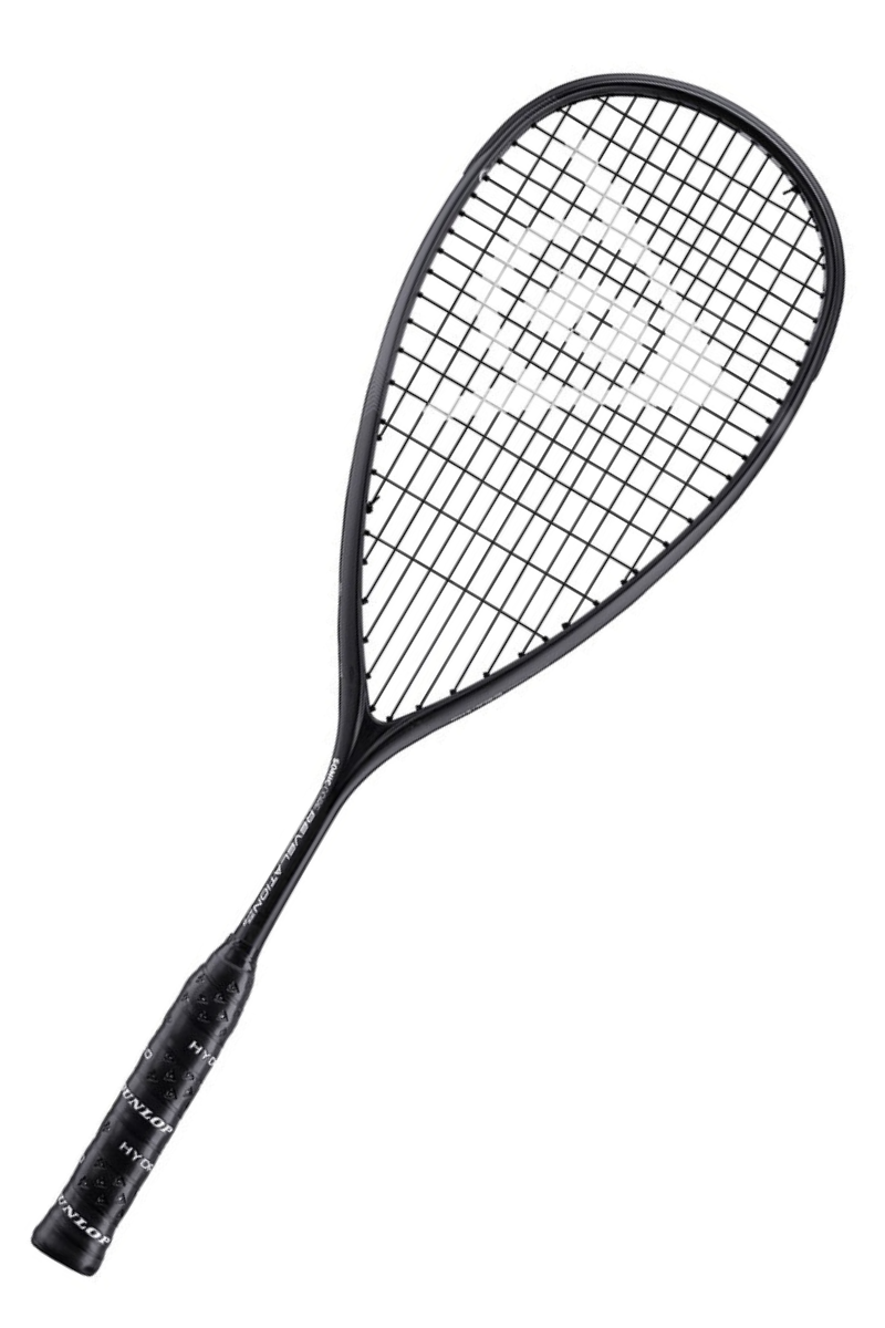 An angled view of Dunlop Sonic Core Revelation 125 squash racket highlighting the strings with the Dunlop logo and the contoured frame design.