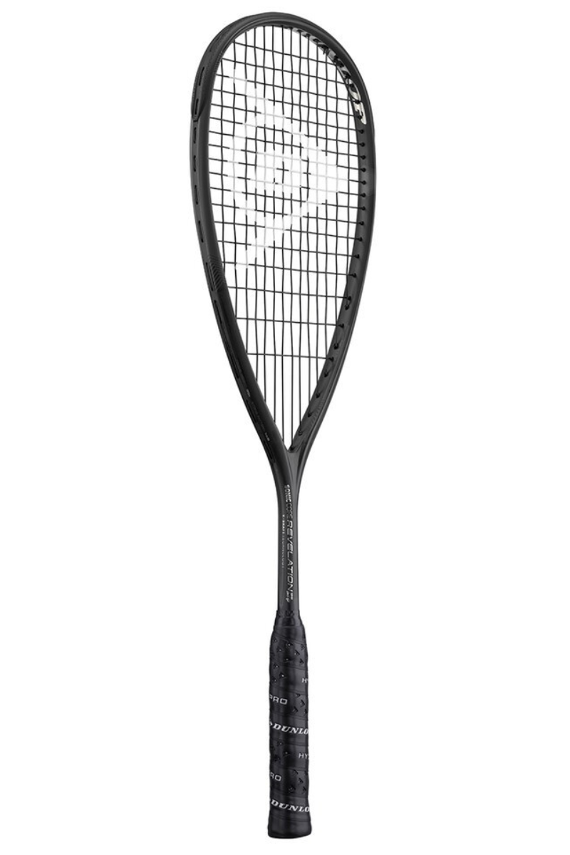 Full-length view of the Dunlop Sonic Core Revelation 125 squash racket, showcasing the racket’s long neck and the patterned grip handle.