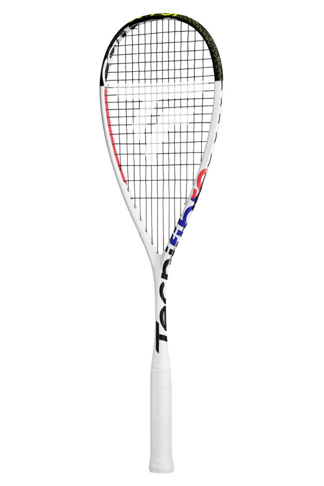 Tecnifibre Carboflex 135 X-Top squash racket with a white frame, black strings, and colorful branding on the shaft.