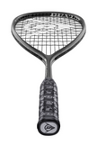 Close-up view of the handle of the Dunlop Sonic Core Revelation 125 squash racket, displaying the Dunlop logo at the base and the detailed grip texture.