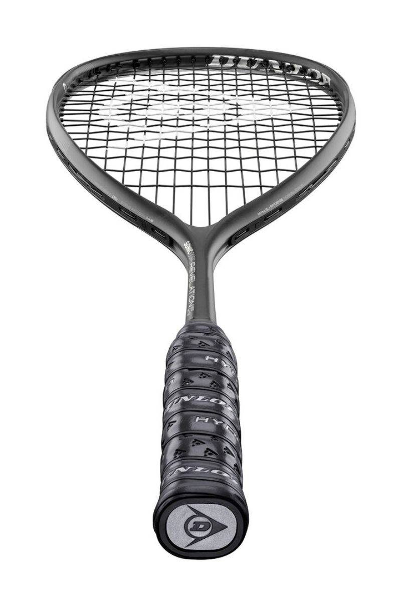 Close-up view of the handle of the Dunlop Sonic Core Revelation 125 squash racket, displaying the Dunlop logo at the base and the detailed grip texture.