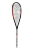 Side view of the Dunlop Sonic Core Revelation Pro Lite squash racket, highlighting its sleek design and red accents.