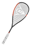 Angled view of the Dunlop Sonic Core Revelation Pro Lite squash racket, displaying the white Dunlop logo on the strings.