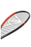 Close-up view of the Dunlop Sonic Core Revelation Pro Lite squash racket's head with a black and red frame and black strings.