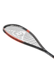 Angled view of the Dunlop Sonic Core Revelation Pro Lite squash racket's head, highlighting the red and black frame and white strings.