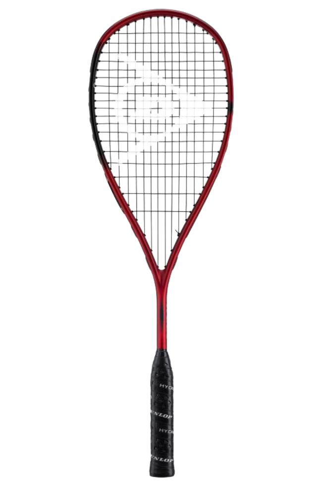 Front view of the Dunlop Sonic Core Revelation Pro squash racket, showing its red and black frame with a white Dunlop logo in the center of the string bed.