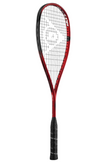 Side angle view of the Dunlop Sonic Core Revelation Pro squash racket, highlighting its aerodynamic frame and the same red and black color scheme.