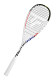 Tecnifibre Carboflex 135 X-Top squash racket shown at an angle, highlighting the white frame, black strings, and colorful branding.