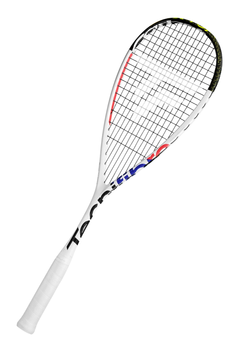 Tecnifibre Carboflex 135 X-Top squash racket shown at an angle, highlighting the white frame, black strings, and colorful branding.