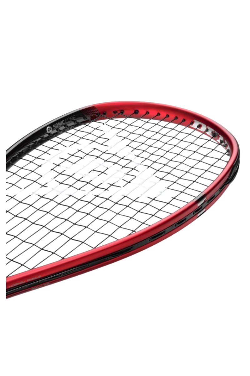 Angled close-up of the top edge of the Dunlop Sonic Core Revelation Pro squash racket, emphasizing the 