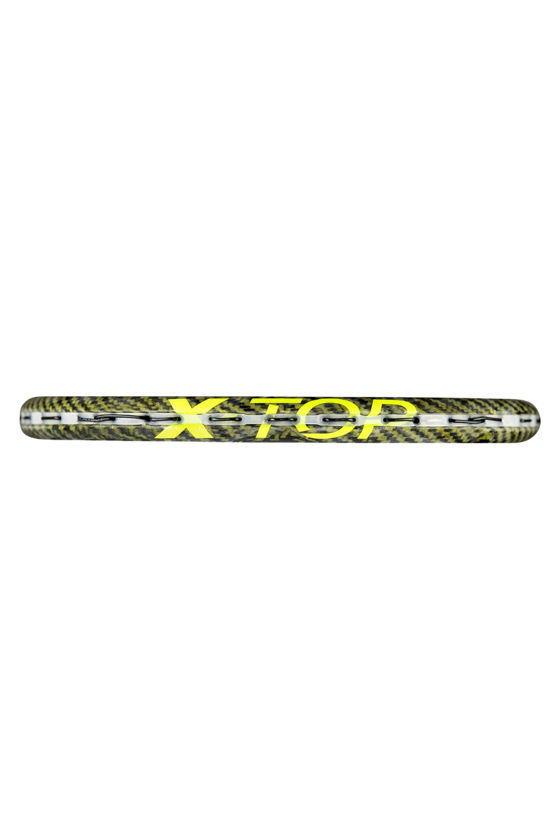 Close-up of Tecnifibre Carboflex 135 X-Top squash racket's frame with 'X-TOP' branding in yellow