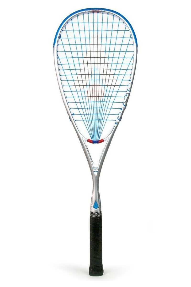 karakal f-135 squash racket in silver with blue strings