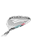 Close-up of the Tecnifibre Carboflex X-Top 125 NS squash racket head, highlighting the black strings and white frame with colored branding.