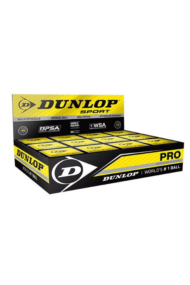 Dunlop Pro squash balls box with yellow packaging, 12 double yellow dot balls.