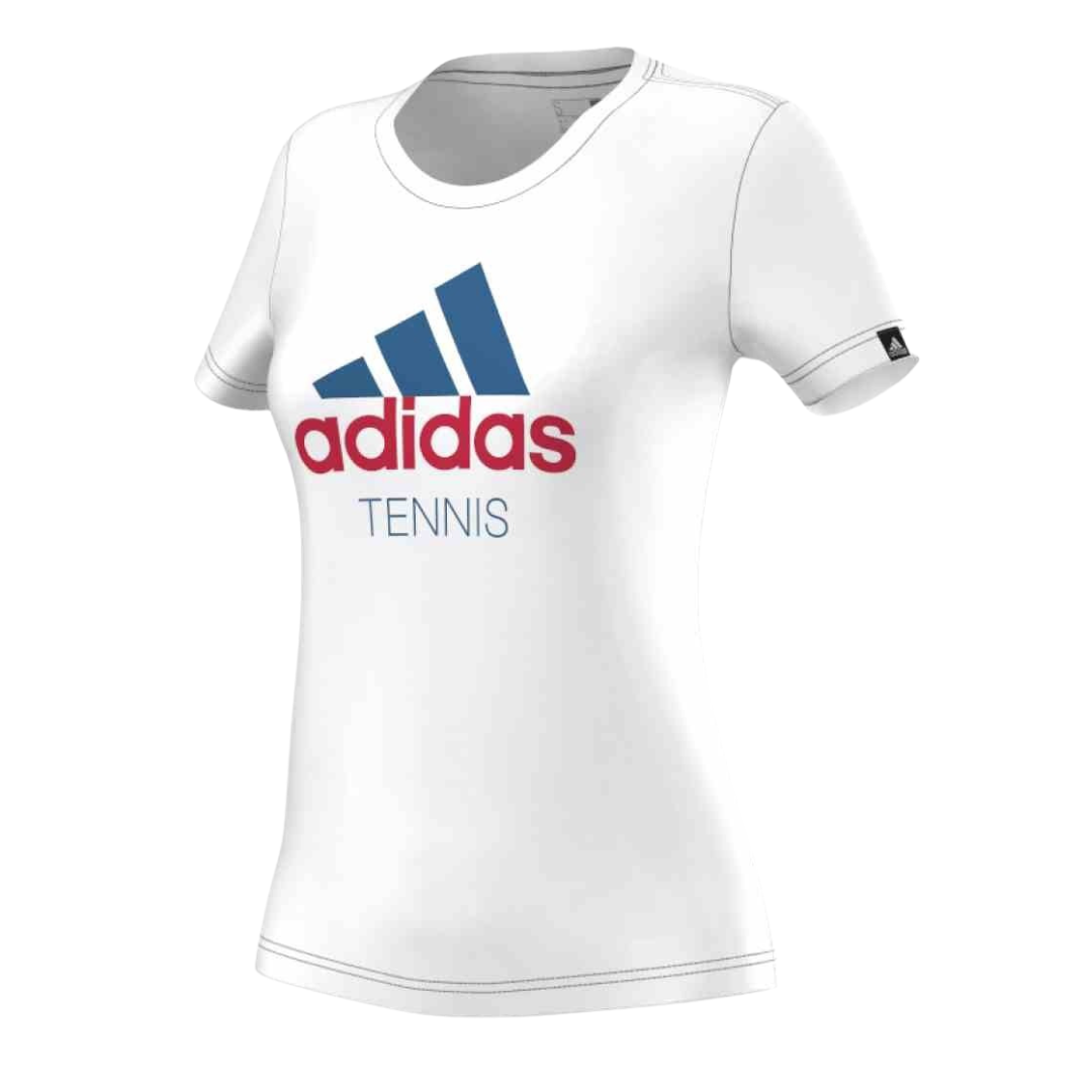  White Adidas tennis shirt with a blue Adidas logo and red 