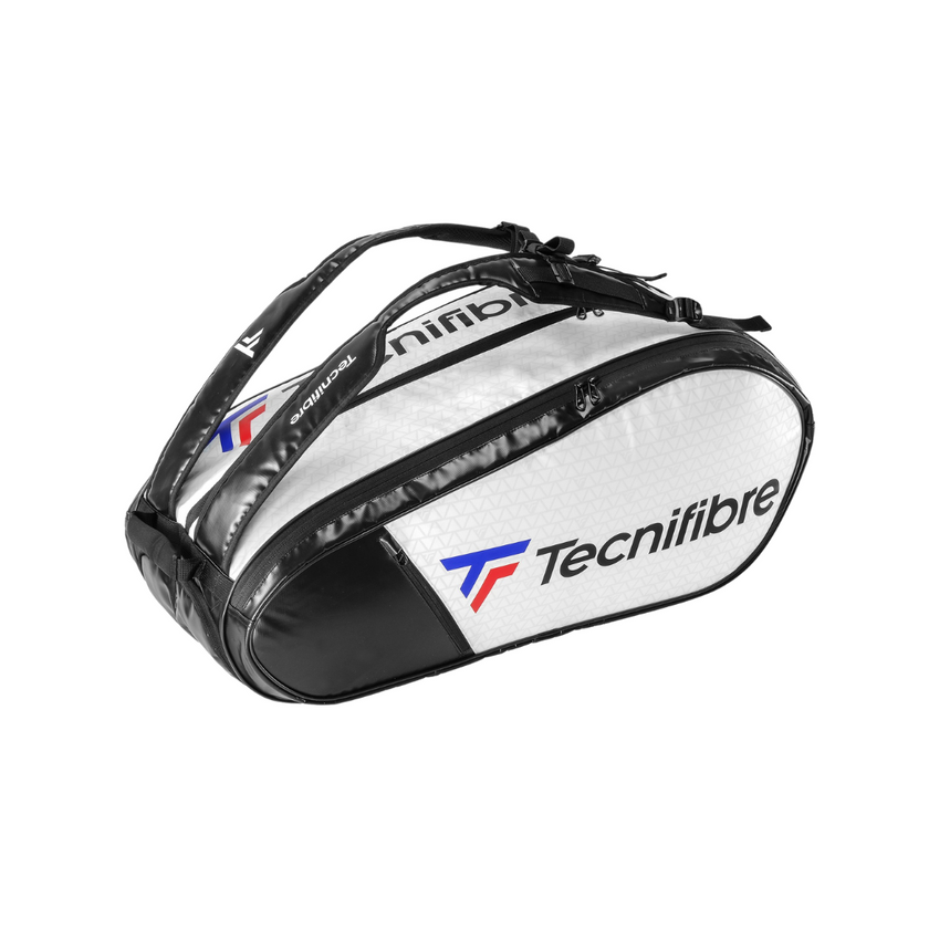 Tecnifibre Tour RS Endurance 12R squash bag in white with black accents and the Tecnifibre logo in blue and red on the side.