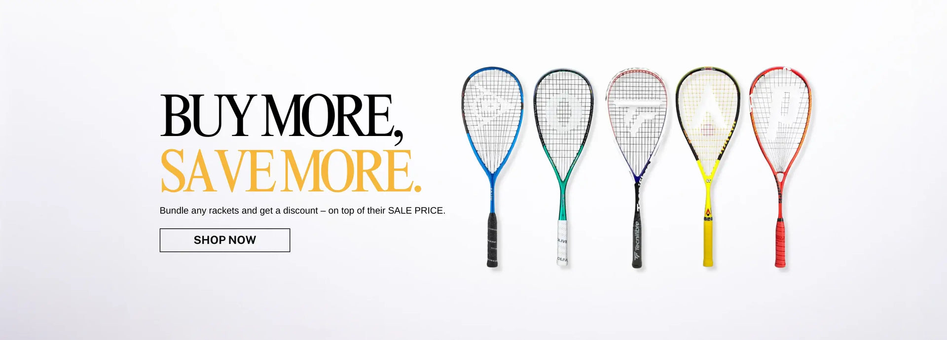 Colorful squash rackets with promotional text on a white background