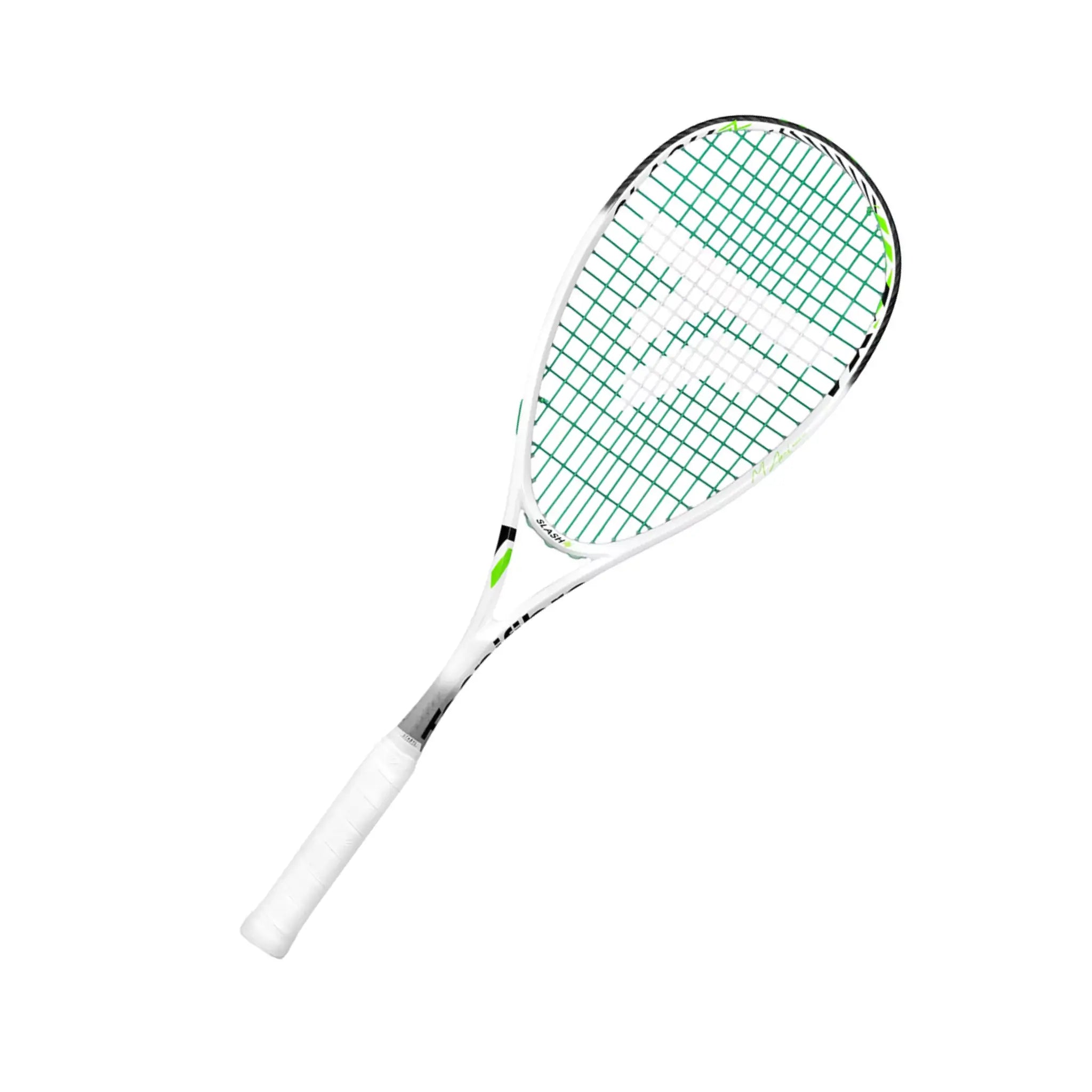 The Tecnifibre Slash 120 Power squash racket in white, black, and neon green.