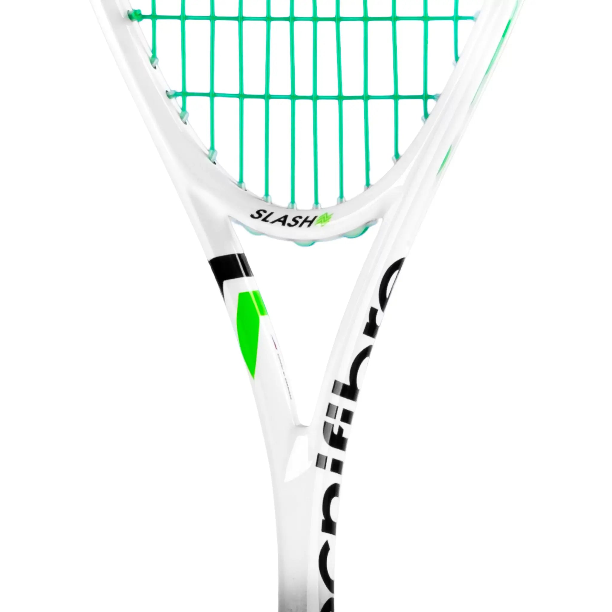 The Tecnifibre Slash 120 Power squash racket in white, black, and neon green.