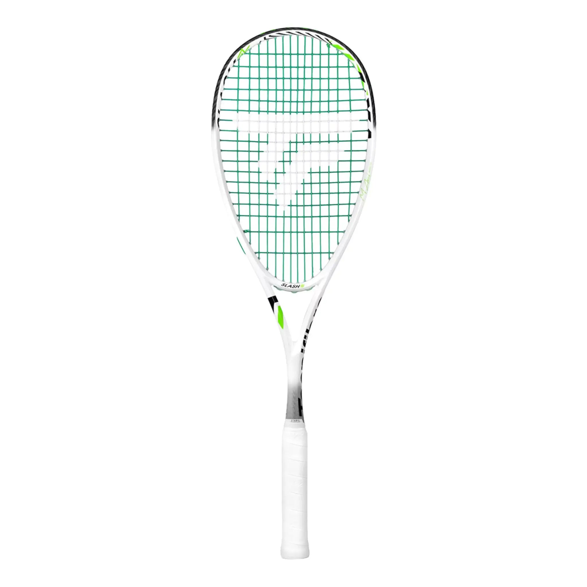 The Tecnifibre Slash 120 Power squash racket in white, black, and neon green.
