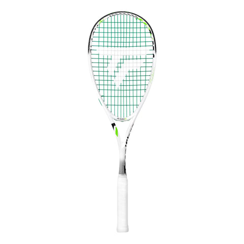 The Tecnifibre Slash 120 Power squash racket in white, black, and neon green.