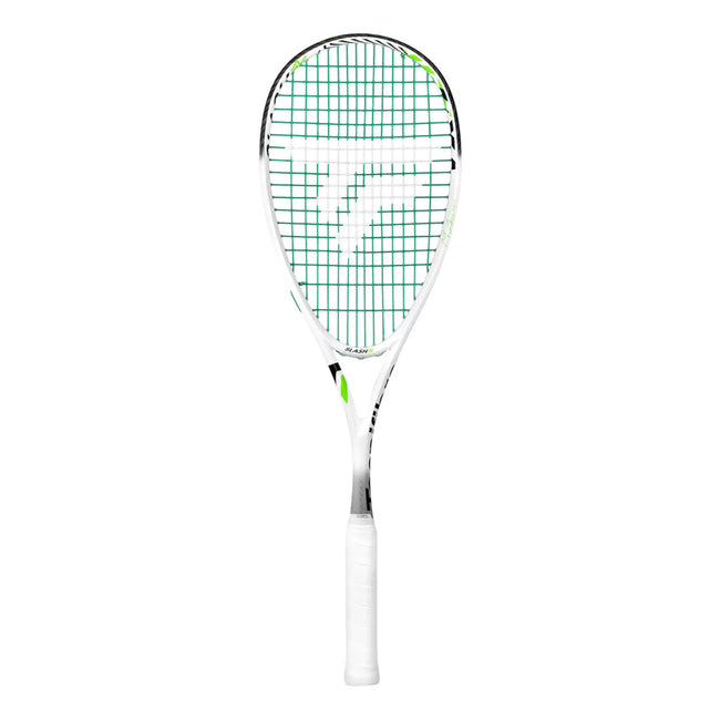 The Tecnifibre Slash 120 Power squash racket in white, black, and neon green.