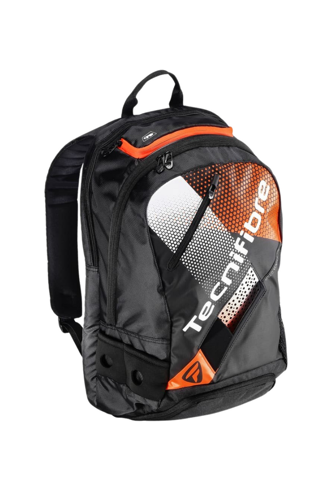  Tecnifibre squash backpack in black with orange and white accents, featuring the Tecnifibre logo on the front.